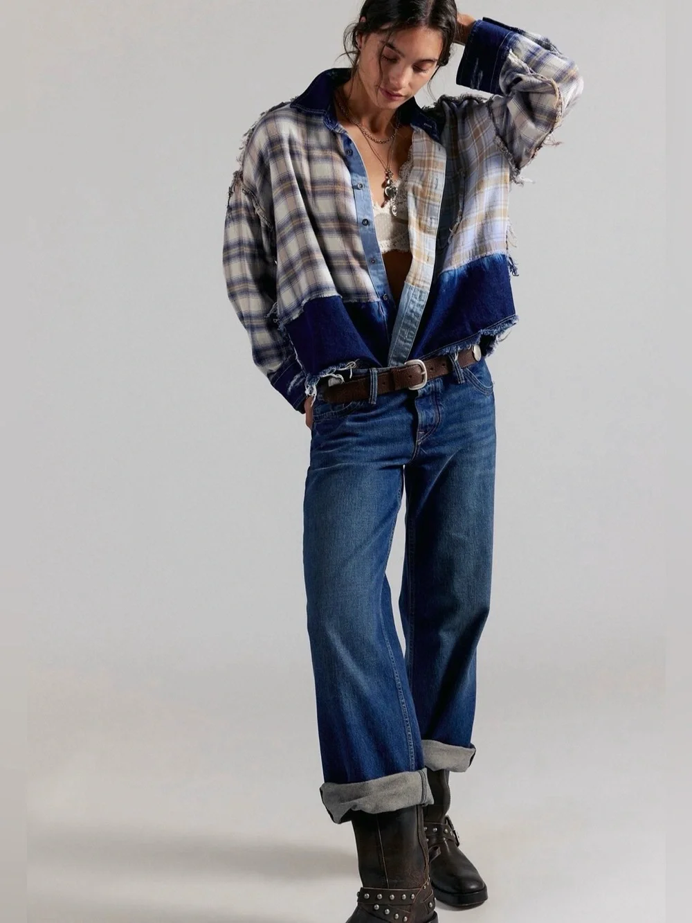 Free People The Tales Mixed Denim Flannel Button Down Plaid Frayed Blue - Picture 2 of 6